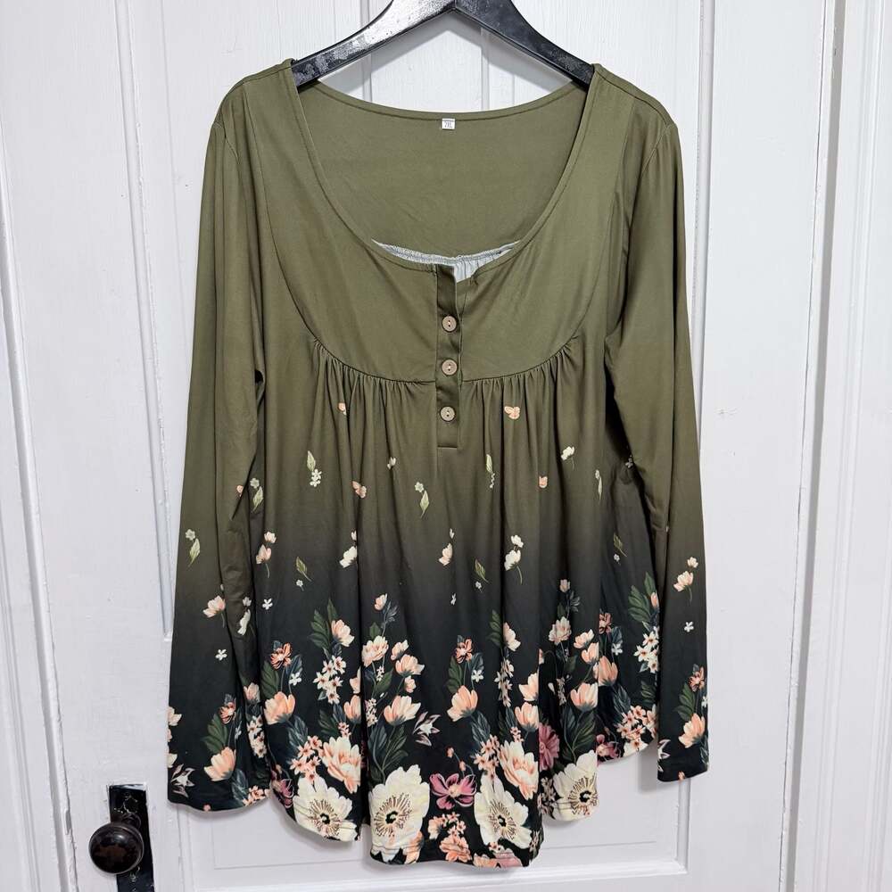 Women's Plus Size Army Green Ombre Floral Print Long Sleeve Henley Tunic Top 2XL